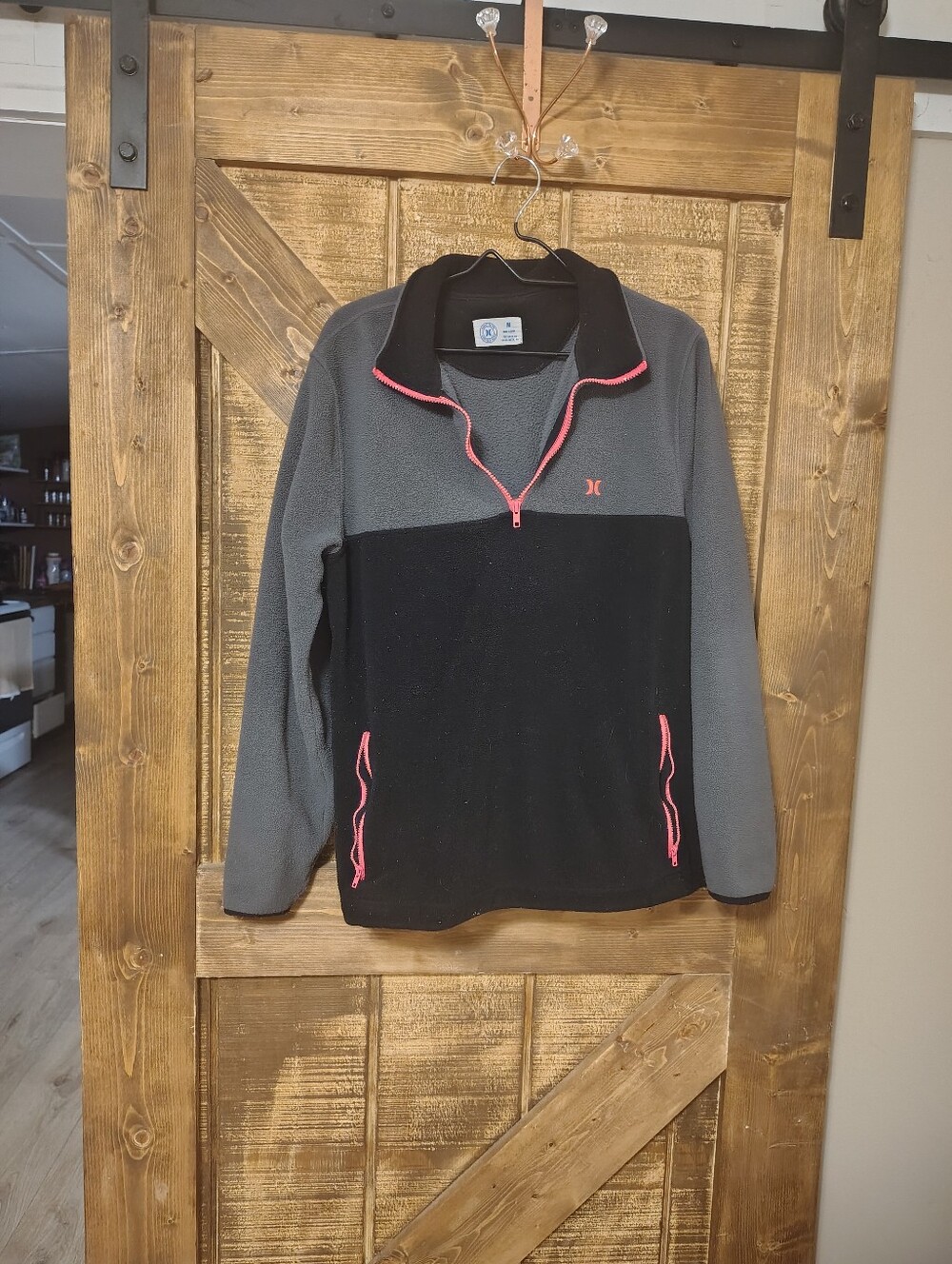 Hurley Men's Gray and Black Zip-Up Fleece with Pink Accents
